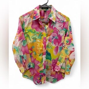 Lauren Ralph Lauren Watercolor Floral Button Down Small 3/4 Sleeve Spring Summer
